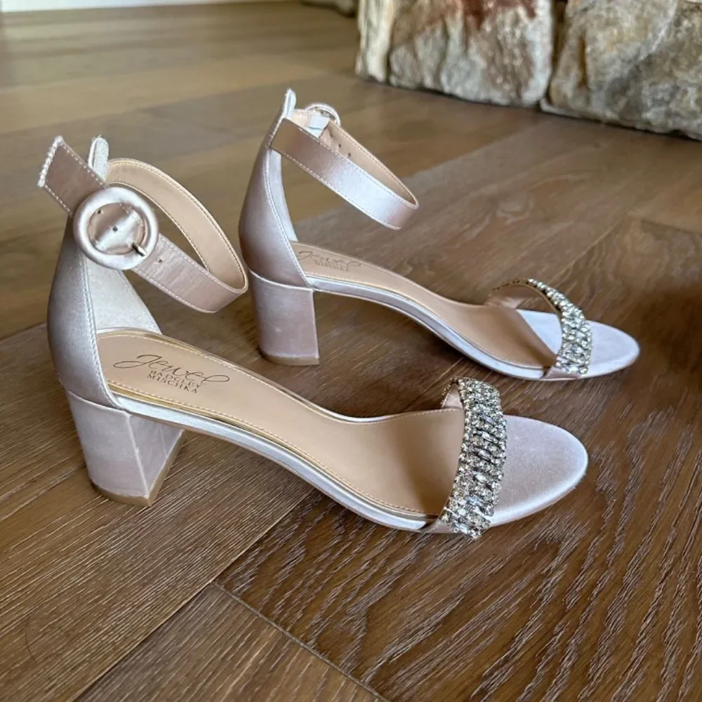 JEWEL BADGLEY MISCHKA James Block Heel Sandal Champagne Satin Rhinestone 9